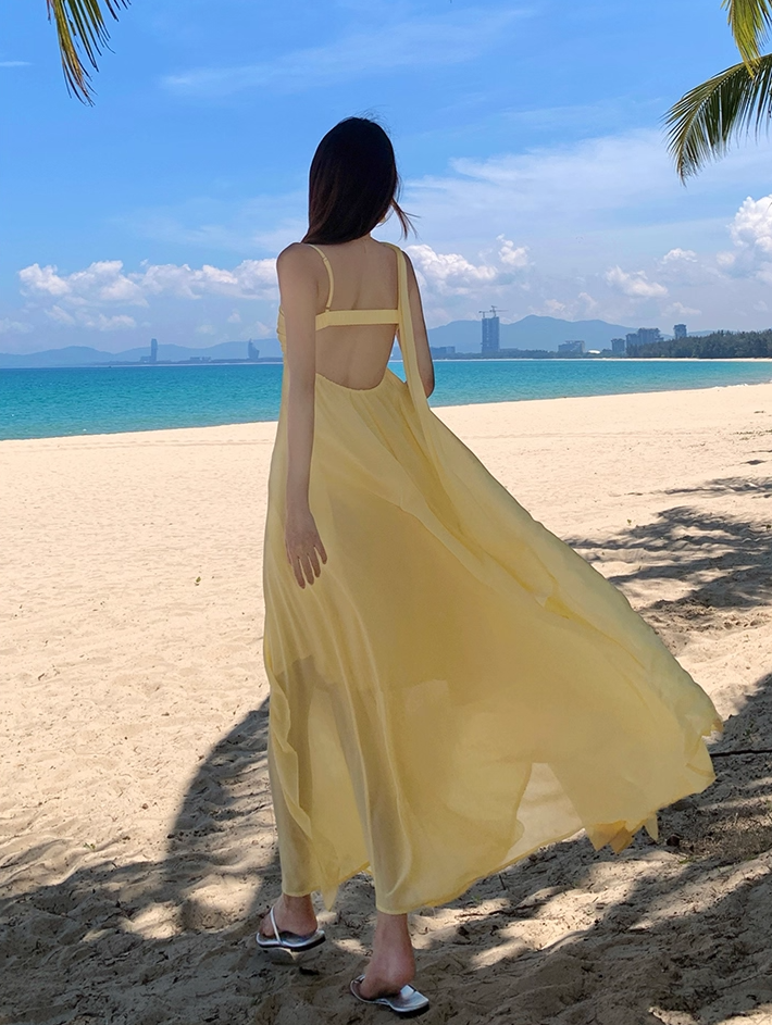 Glamorous Spaghetti Strap A-Line Maxi Dress With Sash Charming Yellow Ruffles Trimmed Long Dress AP3360