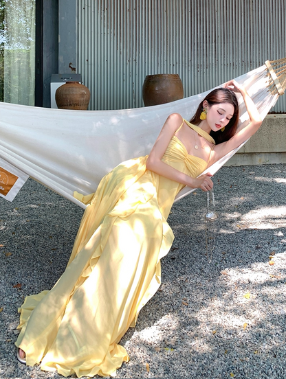 Glamorous Spaghetti Strap A-Line Maxi Dress With Sash Charming Yellow Ruffles Trimmed Long Dress AP3360