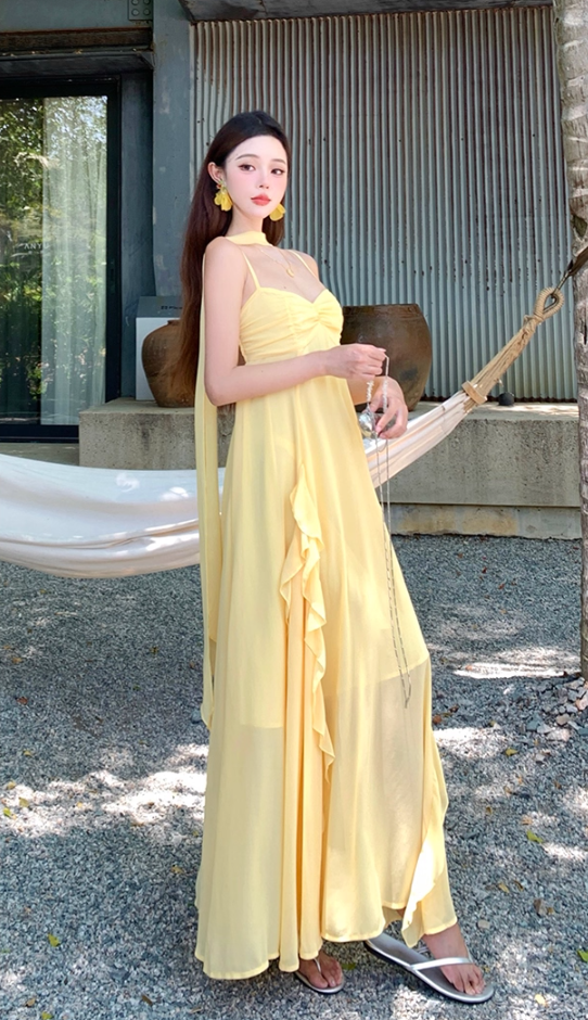 Glamorous Spaghetti Strap A-Line Maxi Dress With Sash Charming Yellow Ruffles Trimmed Long Dress AP3360