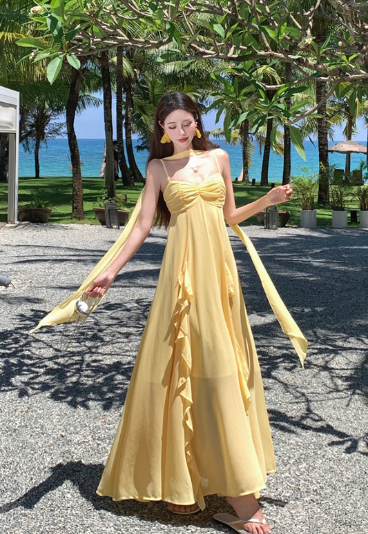 Glamorous Spaghetti Strap A-Line Maxi Dress With Sash Charming Yellow Ruffles Trimmed Long Dress AP3360
