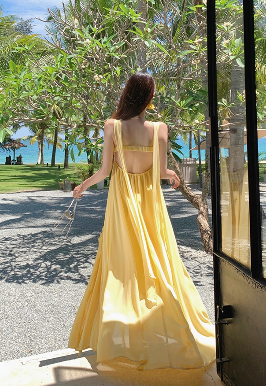 Glamorous Spaghetti Strap A-Line Maxi Dress With Sash Charming Yellow Ruffles Trimmed Long Dress AP3360