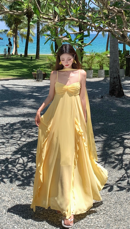 Glamorous Spaghetti Strap A-Line Maxi Dress With Sash Charming Yellow Ruffles Trimmed Long Dress AP3360