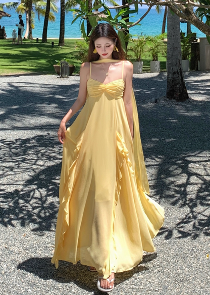 Glamorous Spaghetti Strap A-Line Maxi Dress With Sash Charming Yellow Ruffles Trimmed Long Dress AP3360