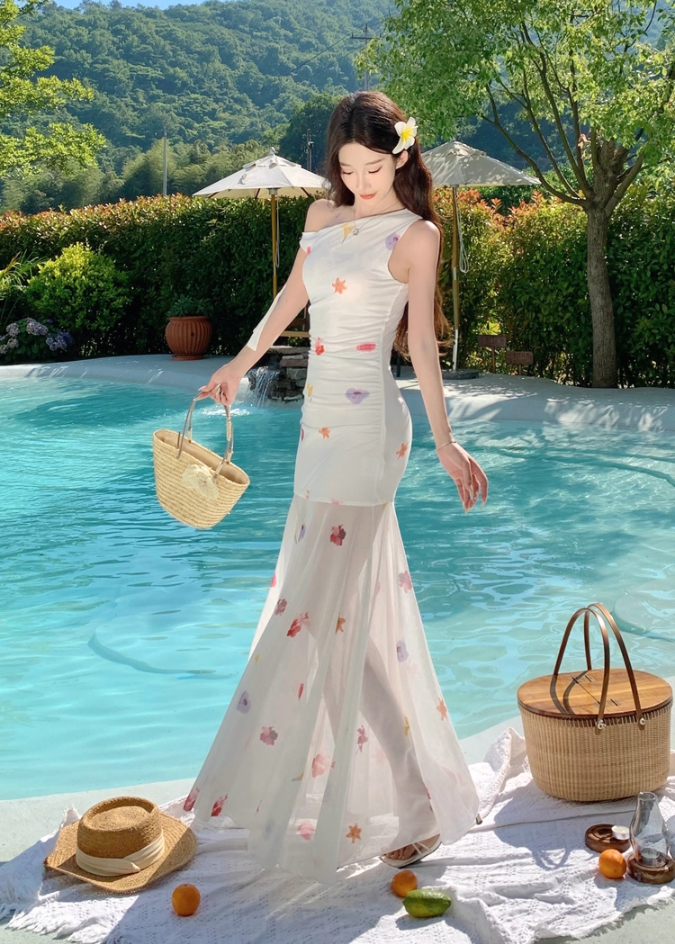 Glam Beach Vacations A-Line Maxi Dresses Flowy Asymmetric Neckline Floral Print Tulle Splicing Long Dress AP3361