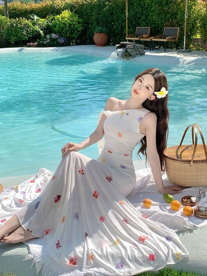 Glam Beach Vacations A-Line Maxi Dresses Flowy Asymmetric Neckline Floral Print Tulle Splicing Long Dress AP3361