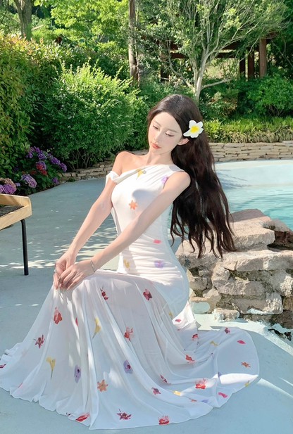 Glam Beach Vacations A-Line Maxi Dresses Flowy Asymmetric Neckline Floral Print Tulle Splicing Long Dress AP3361