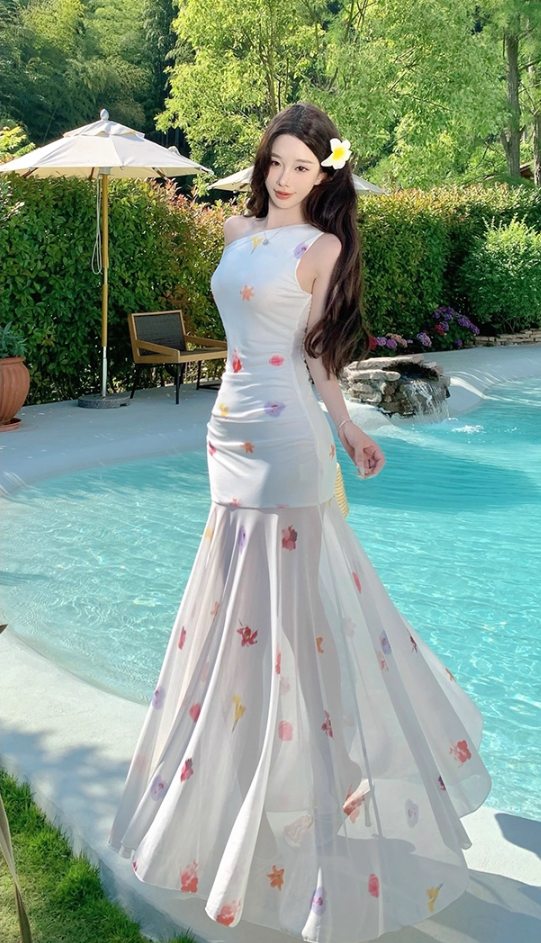 Glam Beach Vacations A-Line Maxi Dresses Flowy Asymmetric Neckline Floral Print Tulle Splicing Long Dress AP3361