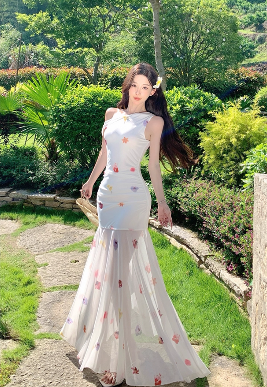 Glam Beach Vacations A-Line Maxi Dresses Flowy Asymmetric Neckline Floral Print Tulle Splicing Long Dress AP3361