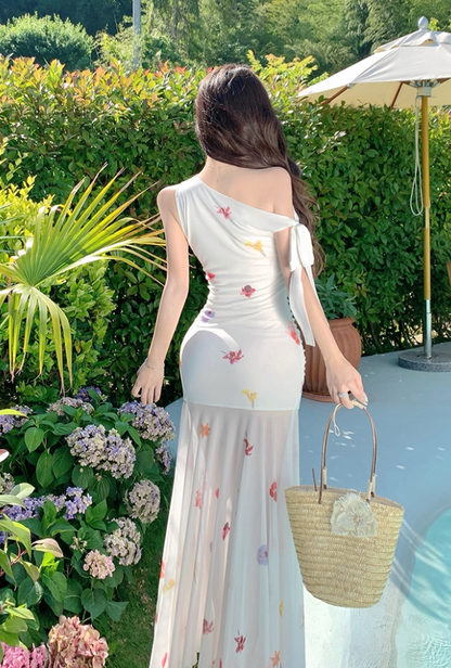 Glam Beach Vacations A-Line Maxi Dresses Flowy Asymmetric Neckline Floral Print Tulle Splicing Long Dress AP3361