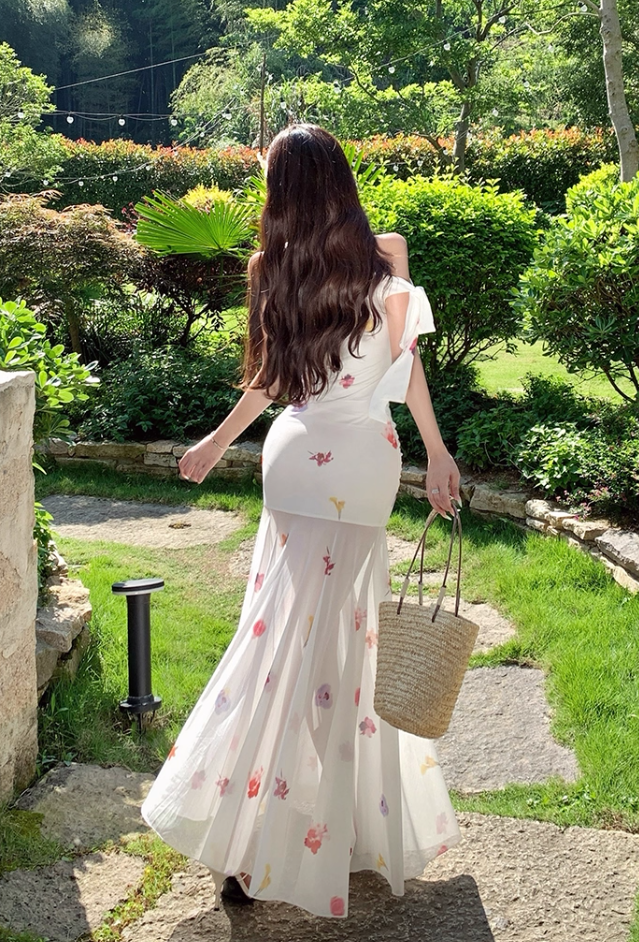 Glam Beach Vacations A-Line Maxi Dresses Flowy Asymmetric Neckline Floral Print Tulle Splicing Long Dress AP3361