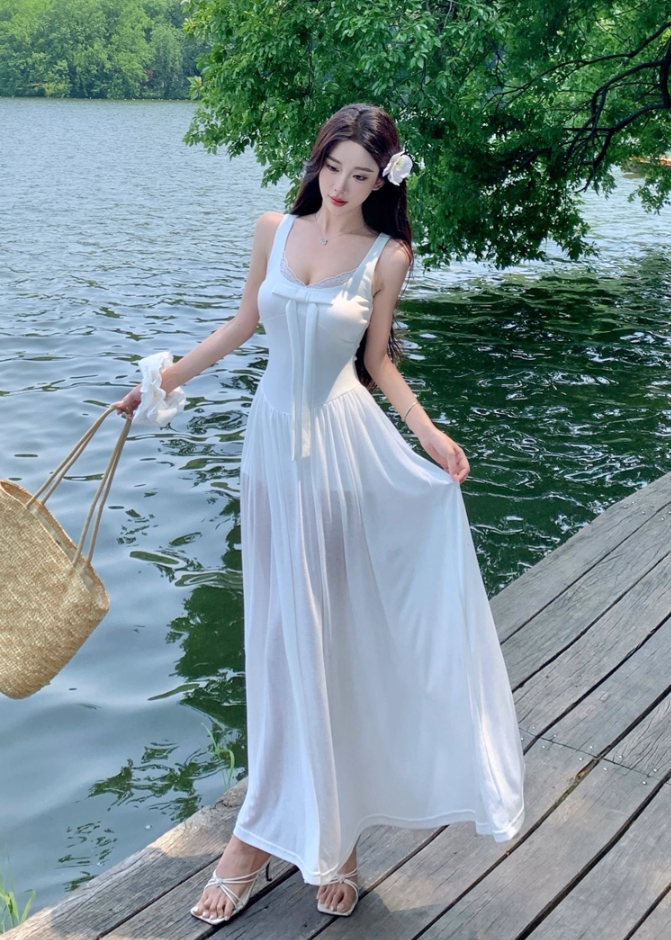 Gorgeous Square Neck A-Line Lace Trimmed Maxi Dress French Style White Bow High Slit Long Dress AP3362