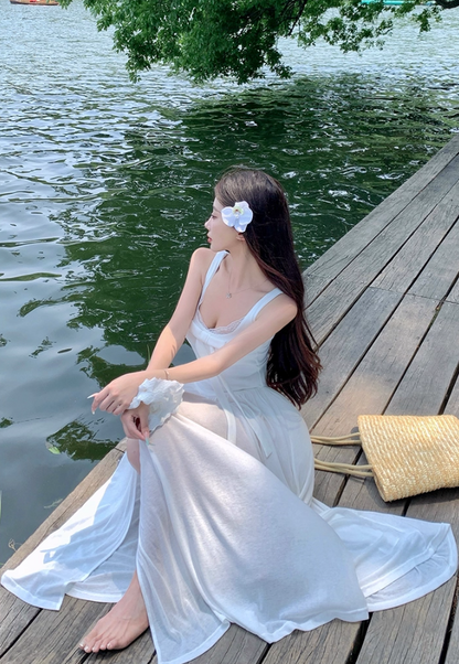 Gorgeous Square Neck A-Line Lace Trimmed Maxi Dress French Style White Bow High Slit Long Dress AP3362