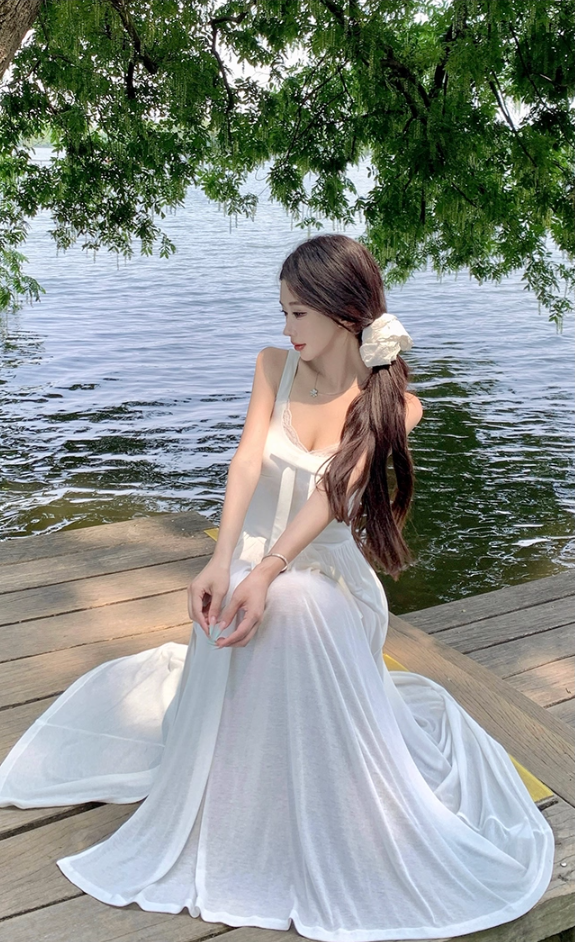 Gorgeous Square Neck A-Line Lace Trimmed Maxi Dress French Style White Bow High Slit Long Dress AP3362