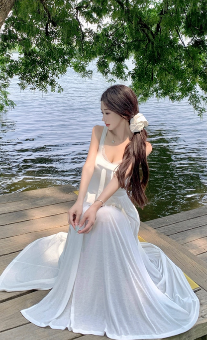 Gorgeous Square Neck A-Line Lace Trimmed Maxi Dress French Style White Bow High Slit Long Dress AP3362