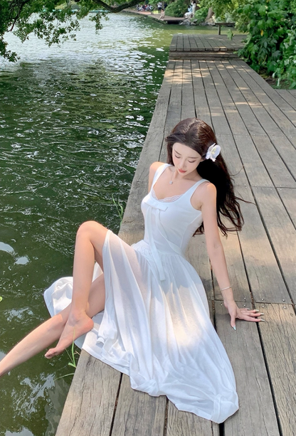 Gorgeous Square Neck A-Line Lace Trimmed Maxi Dress French Style White Bow High Slit Long Dress AP3362