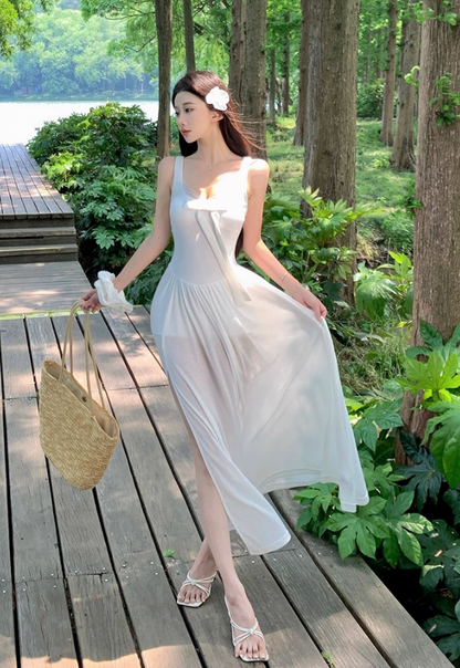 Gorgeous Square Neck A-Line Lace Trimmed Maxi Dress French Style White Bow High Slit Long Dress AP3362