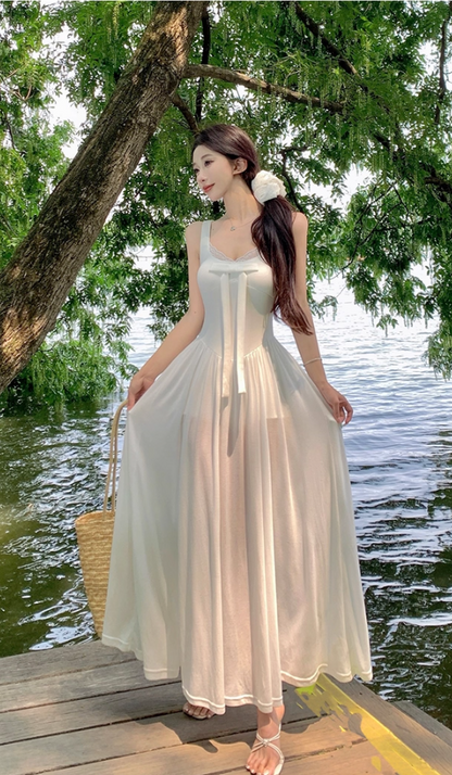 Gorgeous Square Neck A-Line Lace Trimmed Maxi Dress French Style White Bow High Slit Long Dress AP3362