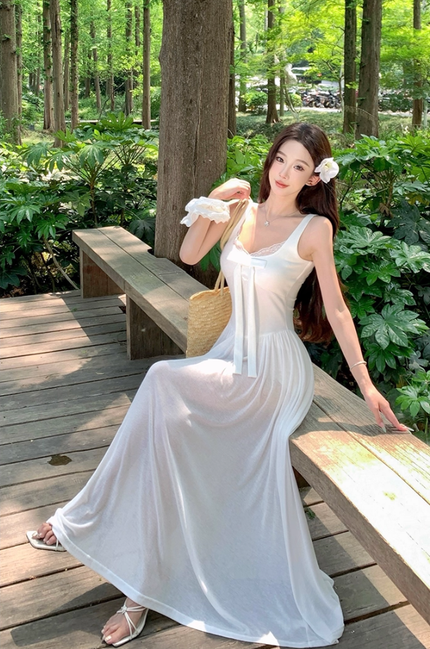 Gorgeous Square Neck A-Line Lace Trimmed Maxi Dress French Style White Bow High Slit Long Dress AP3362