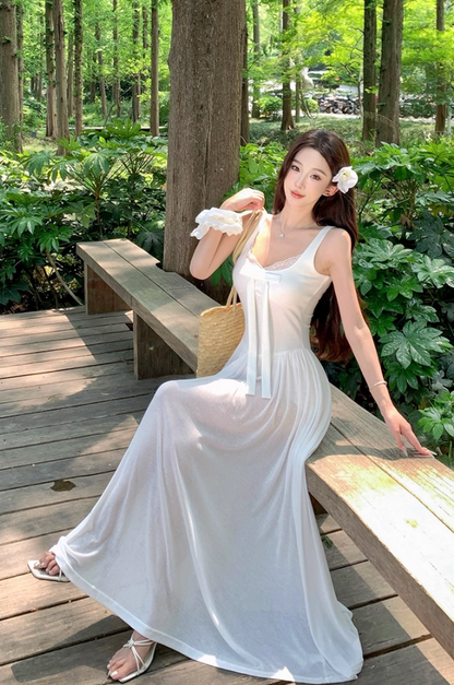 Gorgeous Square Neck A-Line Lace Trimmed Maxi Dress French Style White Bow High Slit Long Dress AP3362