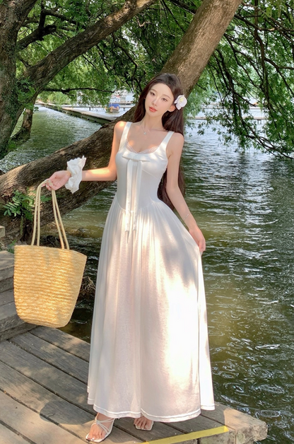 Gorgeous Square Neck A-Line Lace Trimmed Maxi Dress French Style White Bow High Slit Long Dress AP3362