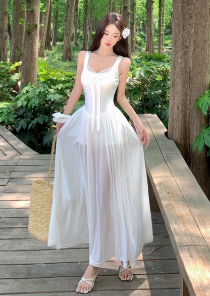 Gorgeous Square Neck A-Line Lace Trimmed Maxi Dress French Style White Bow High Slit Long Dress AP3362