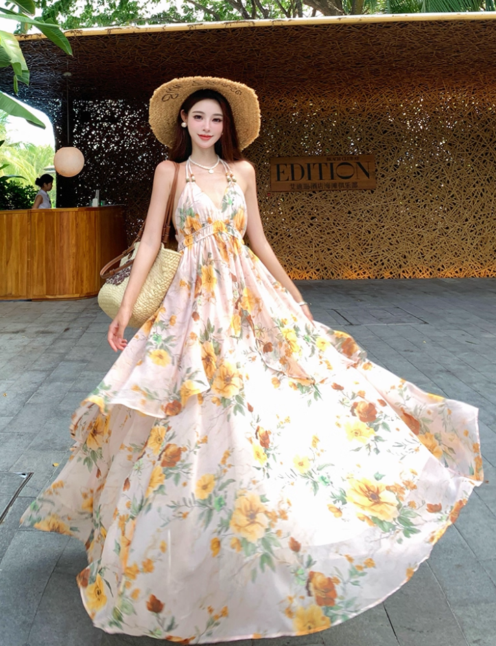 Alluring A-Line Halter Neck Tie-Back Maxi Dress Flowy Floral Print Backless Layered Long Dress AP3363