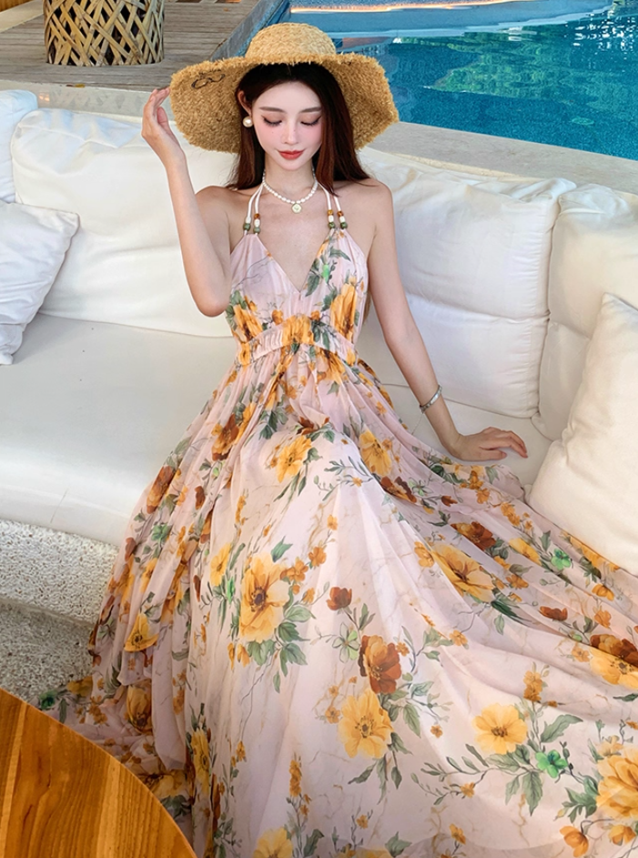 Alluring A-Line Halter Neck Tie-Back Maxi Dress Flowy Floral Print Backless Layered Long Dress AP3363