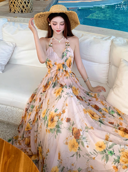 Alluring A-Line Halter Neck Tie-Back Maxi Dress Flowy Floral Print Backless Layered Long Dress AP3363