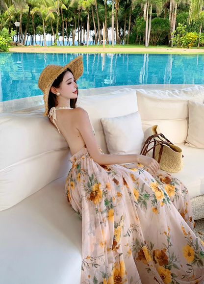 Alluring A-Line Halter Neck Tie-Back Maxi Dress Flowy Floral Print Backless Layered Long Dress AP3363