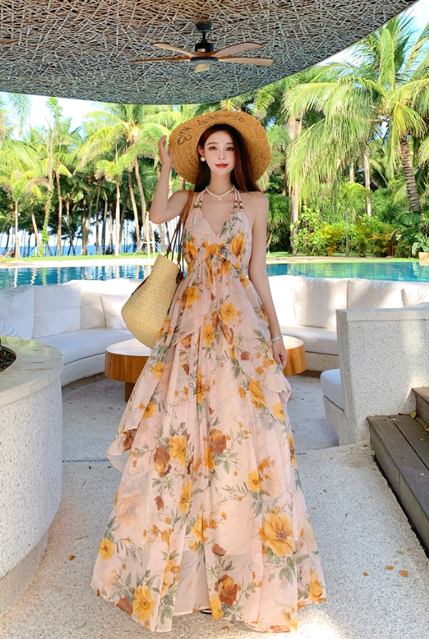 Alluring A-Line Halter Neck Tie-Back Maxi Dress Flowy Floral Print Backless Layered Long Dress AP3363