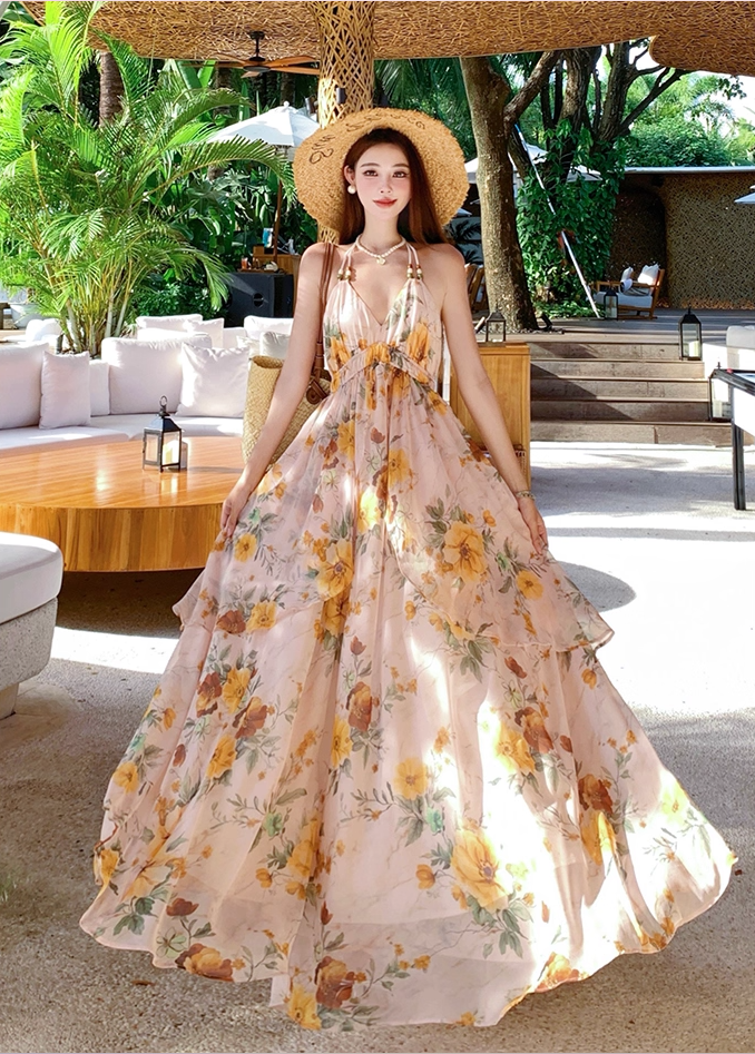 Alluring A-Line Halter Neck Tie-Back Maxi Dress Flowy Floral Print Backless Layered Long Dress AP3363