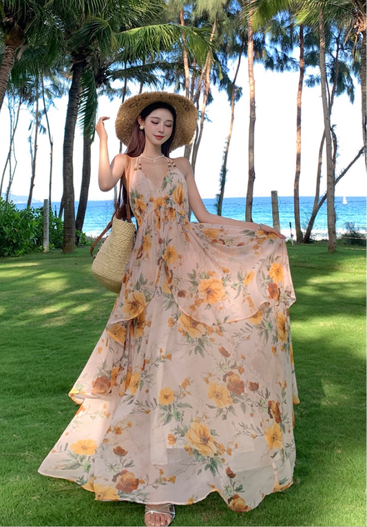 Alluring A-Line Halter Neck Tie-Back Maxi Dress Flowy Floral Print Backless Layered Long Dress AP3363