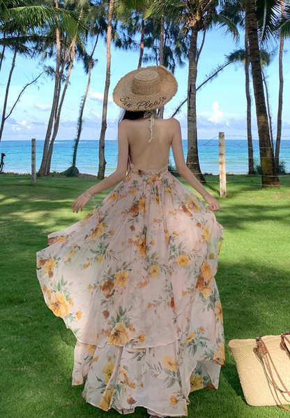 Alluring A-Line Halter Neck Tie-Back Maxi Dress Flowy Floral Print Backless Layered Long Dress AP3363