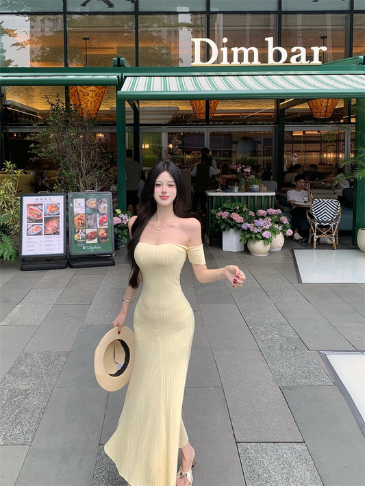 Dreamy Off-Shoulder Sheath Maxi Dresses Knitted Beach Vacations Minimalist Yellow Hottie Long Dress AP3364