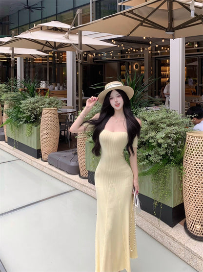 Dreamy Off-Shoulder Sheath Maxi Dresses Knitted Beach Vacations Minimalist Yellow Hottie Long Dress AP3364