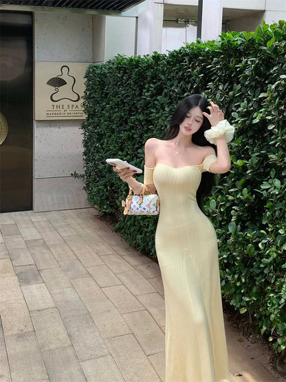 Dreamy Off-Shoulder Sheath Maxi Dresses Knitted Beach Vacations Minimalist Yellow Hottie Long Dress AP3364