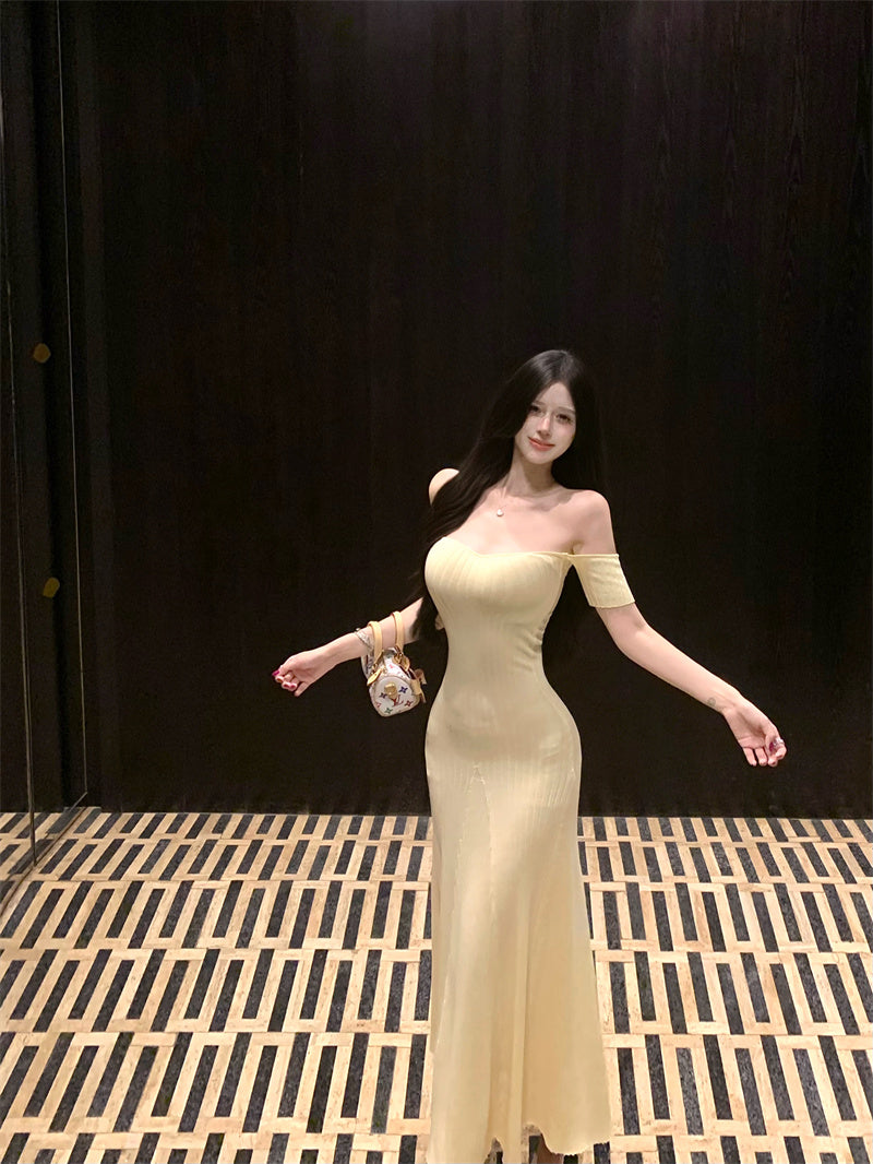 Dreamy Off-Shoulder Sheath Maxi Dresses Knitted Beach Vacations Minimalist Yellow Hottie Long Dress AP3364