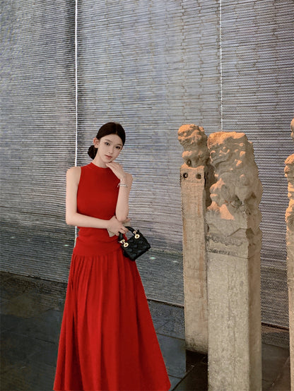 Artistic A-Line Two-Piece Set Maxi Dresses Classical Red Sleeveless Evening Outfit Long Dress AP3365