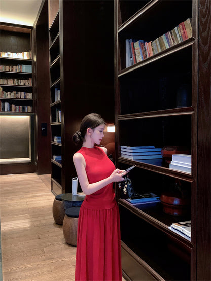 Artistic A-Line Two-Piece Set Maxi Dresses Classical Red Sleeveless Evening Outfit Long Dress AP3365