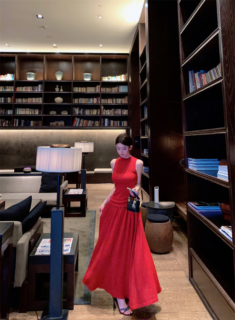 Artistic A-Line Two-Piece Set Maxi Dresses Classical Red Sleeveless Evening Outfit Long Dress AP3365