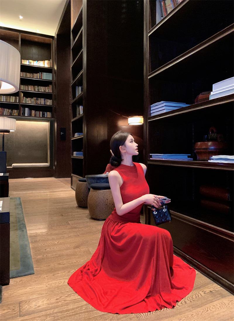 Artistic A-Line Two-Piece Set Maxi Dresses Classical Red Sleeveless Evening Outfit Long Dress AP3365