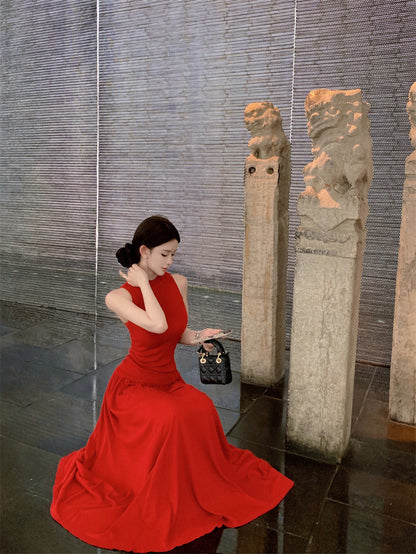 Artistic A-Line Two-Piece Set Maxi Dresses Classical Red Sleeveless Evening Outfit Long Dress AP3365