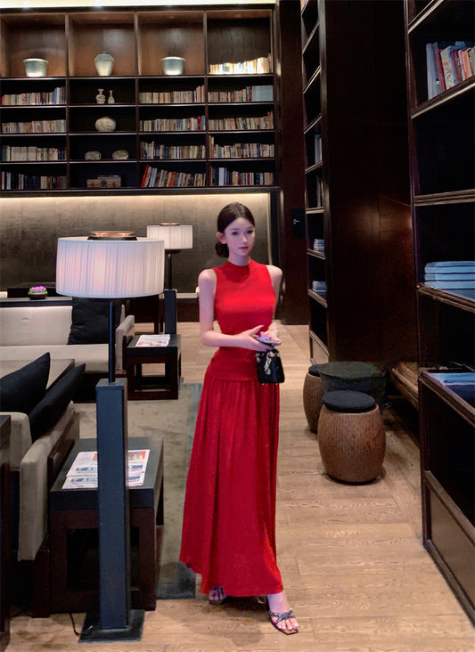 Artistic A-Line Two-Piece Set Maxi Dresses Classical Red Sleeveless Evening Outfit Long Dress AP3365