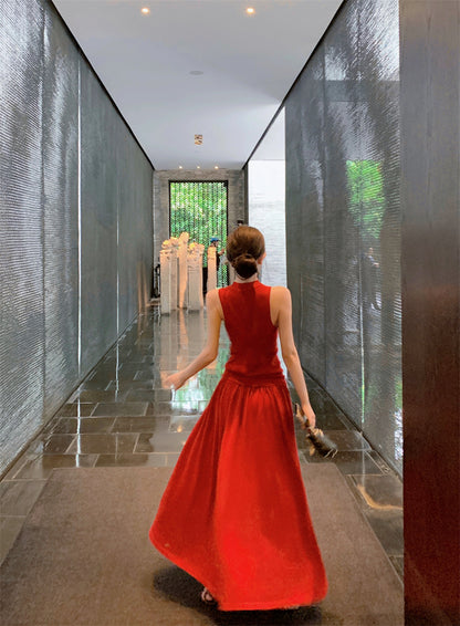 Artistic A-Line Two-Piece Set Maxi Dresses Classical Red Sleeveless Evening Outfit Long Dress AP3365