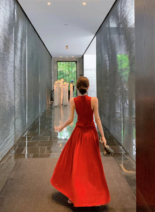 Artistic A-Line Two-Piece Set Maxi Dresses Classical Red Sleeveless Evening Outfit Long Dress AP3365