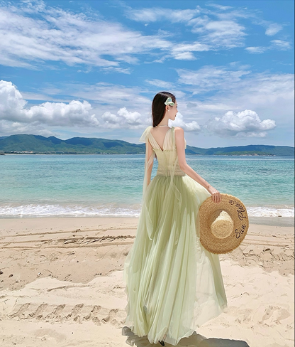 Vintage A-Line V-Neck Slight Tulle Maxi Dresses Dreamy Cinched-Waist Ruffles Adjustable Straps Long Dress AP3366