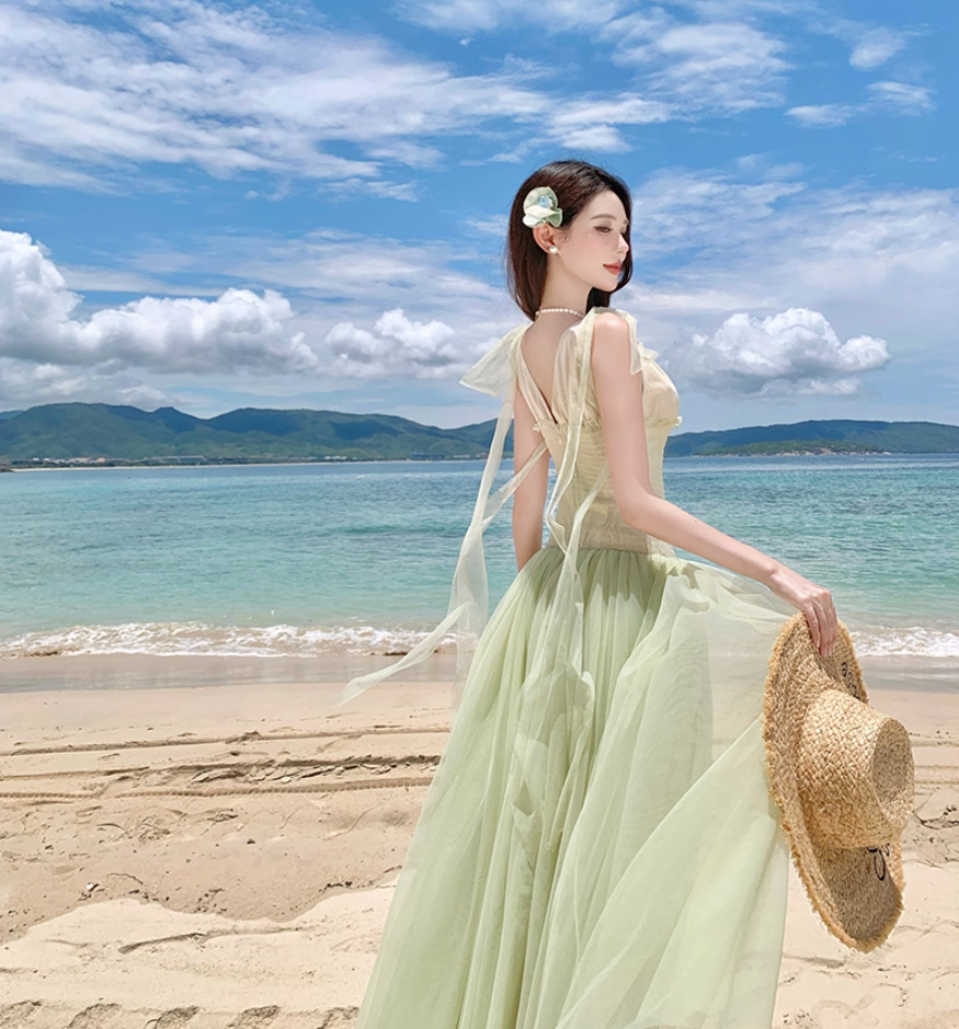 Vintage A-Line V-Neck Slight Tulle Maxi Dresses Dreamy Cinched-Waist Ruffles Adjustable Straps Long Dress AP3366