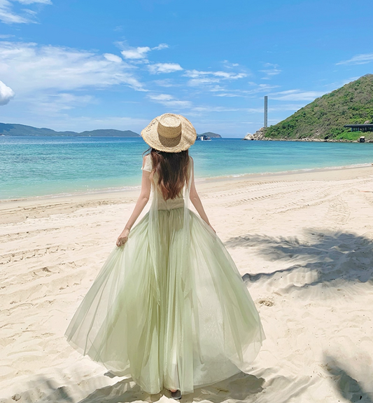 Vintage A-Line V-Neck Slight Tulle Maxi Dresses Dreamy Cinched-Waist Ruffles Adjustable Straps Long Dress AP3366