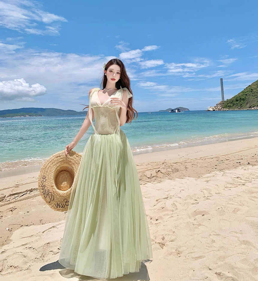 Vintage A-Line V-Neck Slight Tulle Maxi Dresses Dreamy Cinched-Waist Ruffles Adjustable Straps Long Dress AP3366