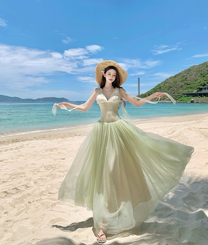 Vintage A-Line V-Neck Slight Tulle Maxi Dresses Dreamy Cinched-Waist Ruffles Adjustable Straps Long Dress AP3366